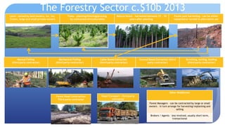 The Forestry Sector c.$10b 2013 
Land – owned by land owners, inc. Iwi, 
Crown, large and small private owners 
Trees – planting/thinning/pruning 
by contracted silviculturalists 
Mature forest – harvested between 25 – 30 
years after planting. 
Forest post harvesting – can be either 
replanted or turned to alternative use 
Manual Felling 
(third party contractor) 
Mechanical Felling 
(third party contractor) 
Cable Based Extraction 
(third party contractor) 
Ground Based Extraction (third 
party contractor) 
Bunching, sorting, loading 
(third party contractor) 
Road Transport – third party 
contractor 
Other Middlemen 
Forest Managers – can be contracted by large or small 
owners – in turn arrange for harvesting/replanting and 
selling 
Brokers / Agents – less involved, usually short term, 
transactional 
Forest Road Construction 
Third party contractor 
 