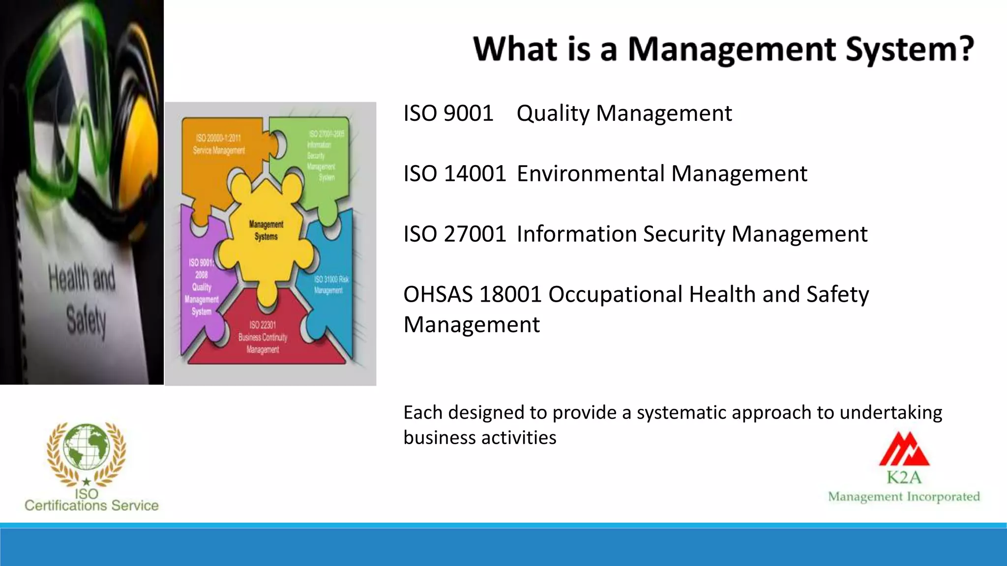 ISO 9001 Quality Management
ISO 14001 Environmental Management
ISO 27001 Information Security Management
OHSAS 18001 Occupational Health and Safety
Management
Each designed to provide a systematic approach to undertaking
business activities
 