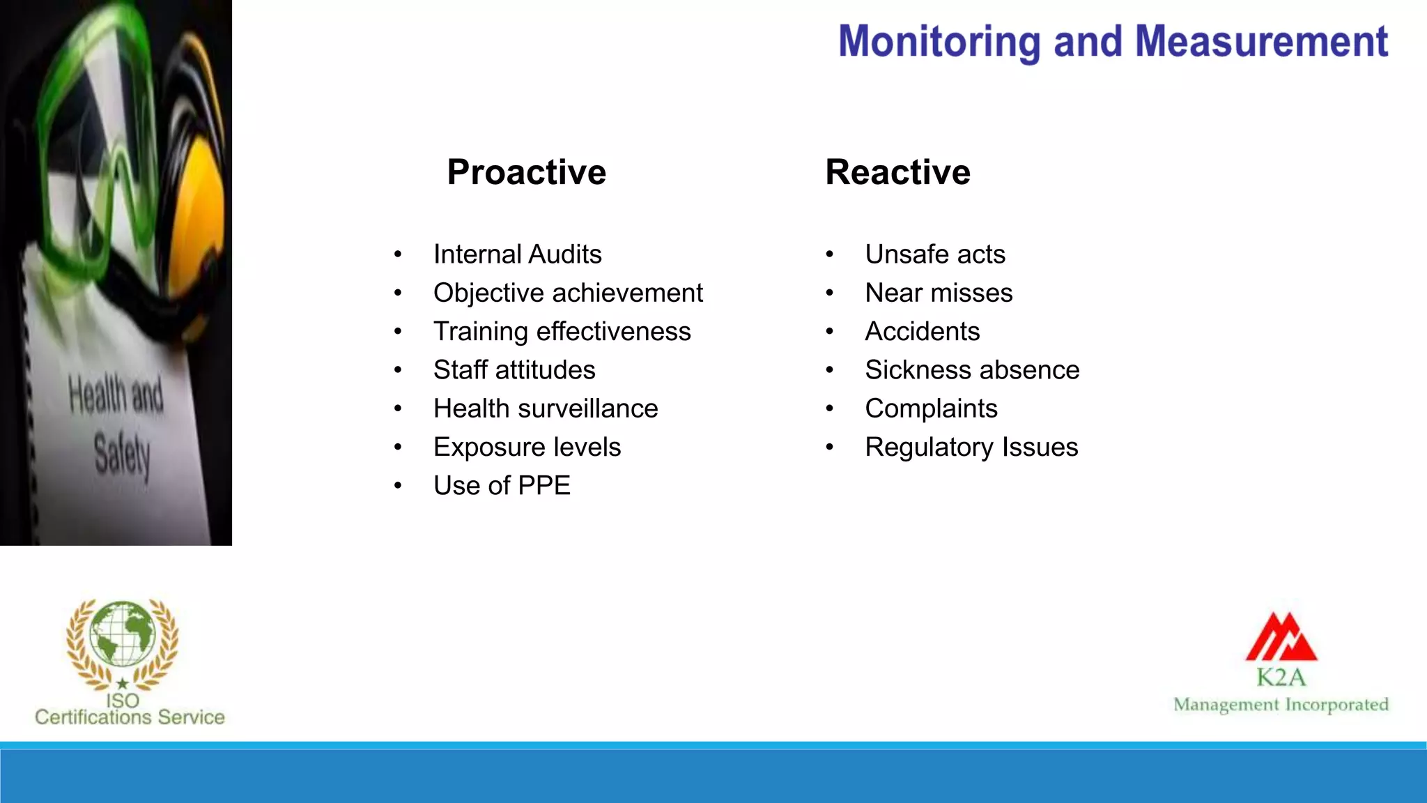 Proactive
• Internal Audits
• Objective achievement
• Training effectiveness
• Staff attitudes
• Health surveillance
• Exposure levels
• Use of PPE
Reactive
• Unsafe acts
• Near misses
• Accidents
• Sickness absence
• Complaints
• Regulatory Issues
 