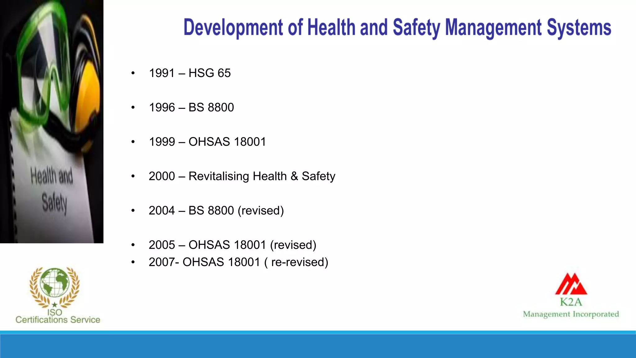 • 1991 – HSG 65
• 1996 – BS 8800
• 1999 – OHSAS 18001
• 2000 – Revitalising Health & Safety
• 2004 – BS 8800 (revised)
• 2005 – OHSAS 18001 (revised)
• 2007- OHSAS 18001 ( re-revised)
 