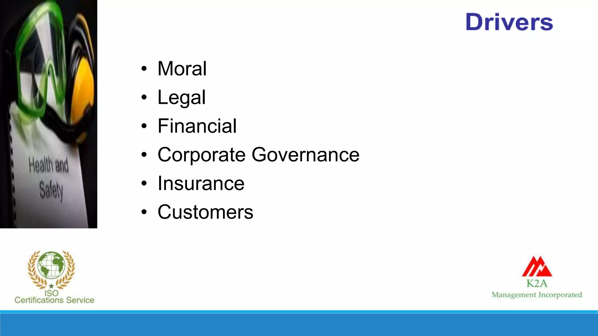 • Moral
• Legal
• Financial
• Corporate Governance
• Insurance
• Customers
 