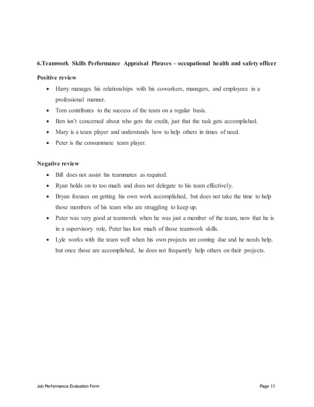 Occupational health and safety officer performance appraisal