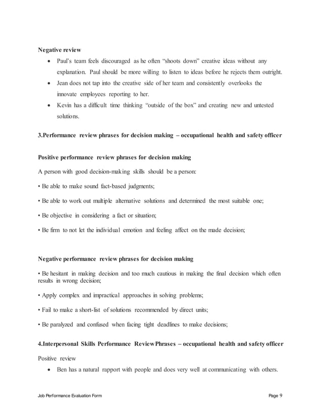 Occupational health and safety officer performance appraisal