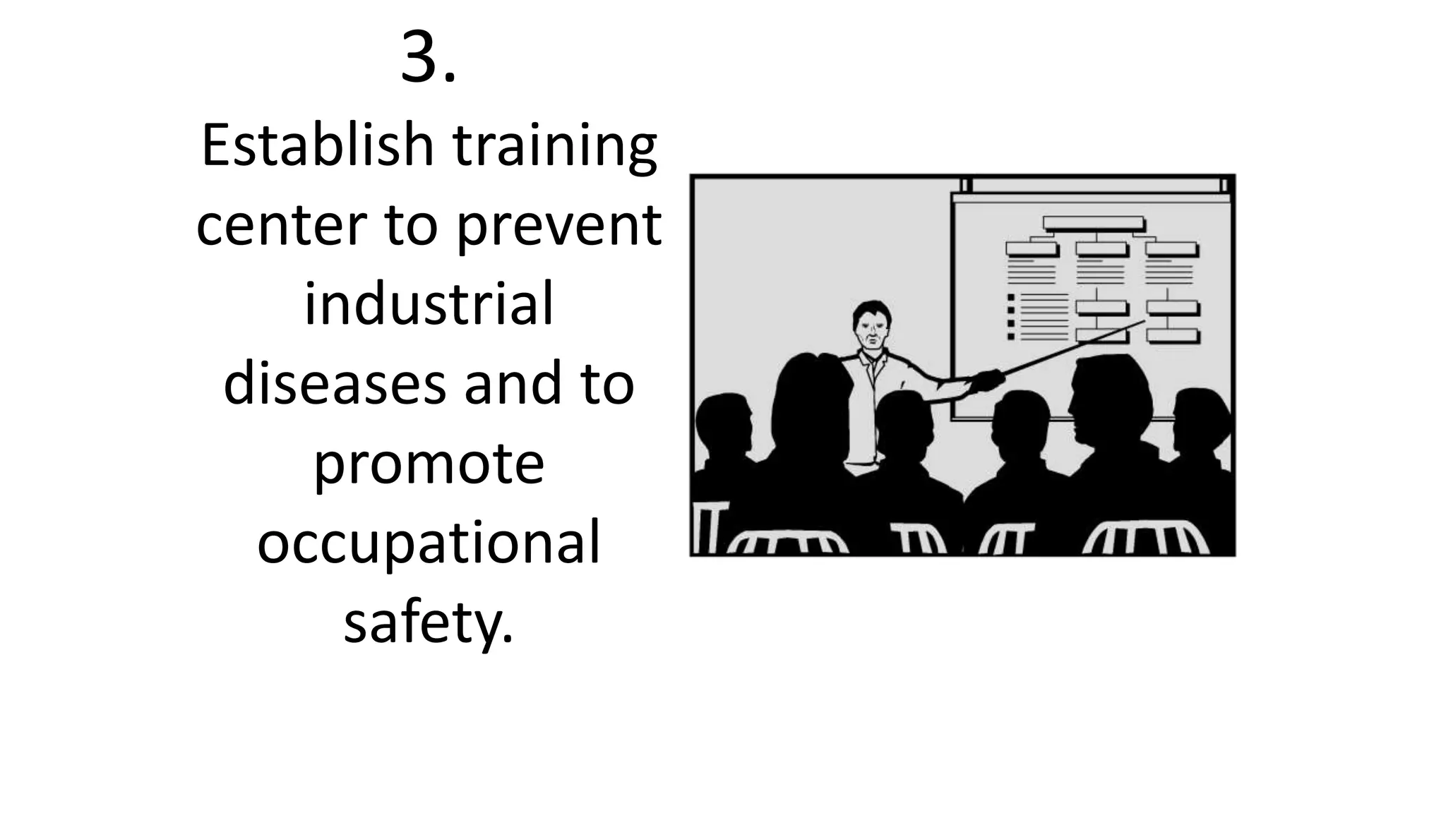 3.
Establish training
center to prevent
industrial
diseases and to
promote
occupational
safety.
 
