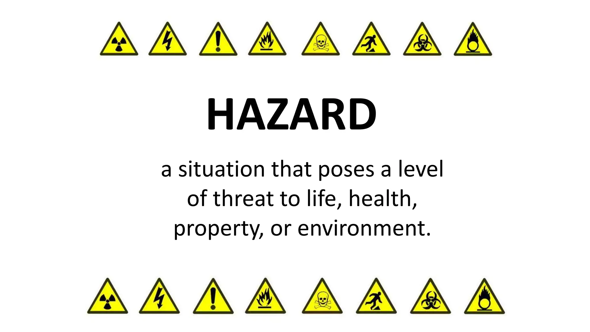 a situation that poses a level
of threat to life, health,
property, or environment.
HAZARD
 