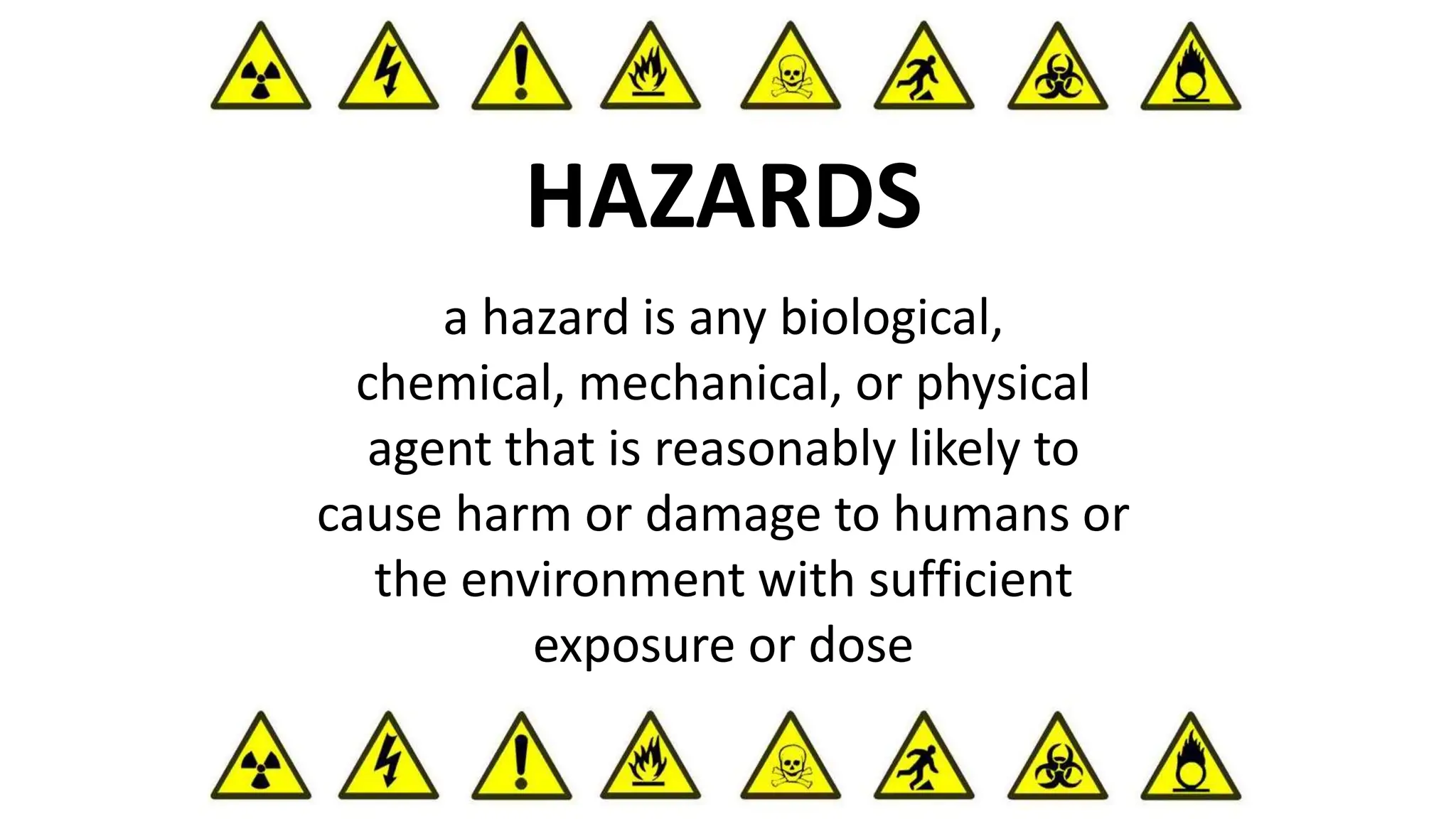 a hazard is any biological,
chemical, mechanical, or physical
agent that is reasonably likely to
cause harm or damage to humans or
the environment with sufficient
exposure or dose
HAZARDS
 