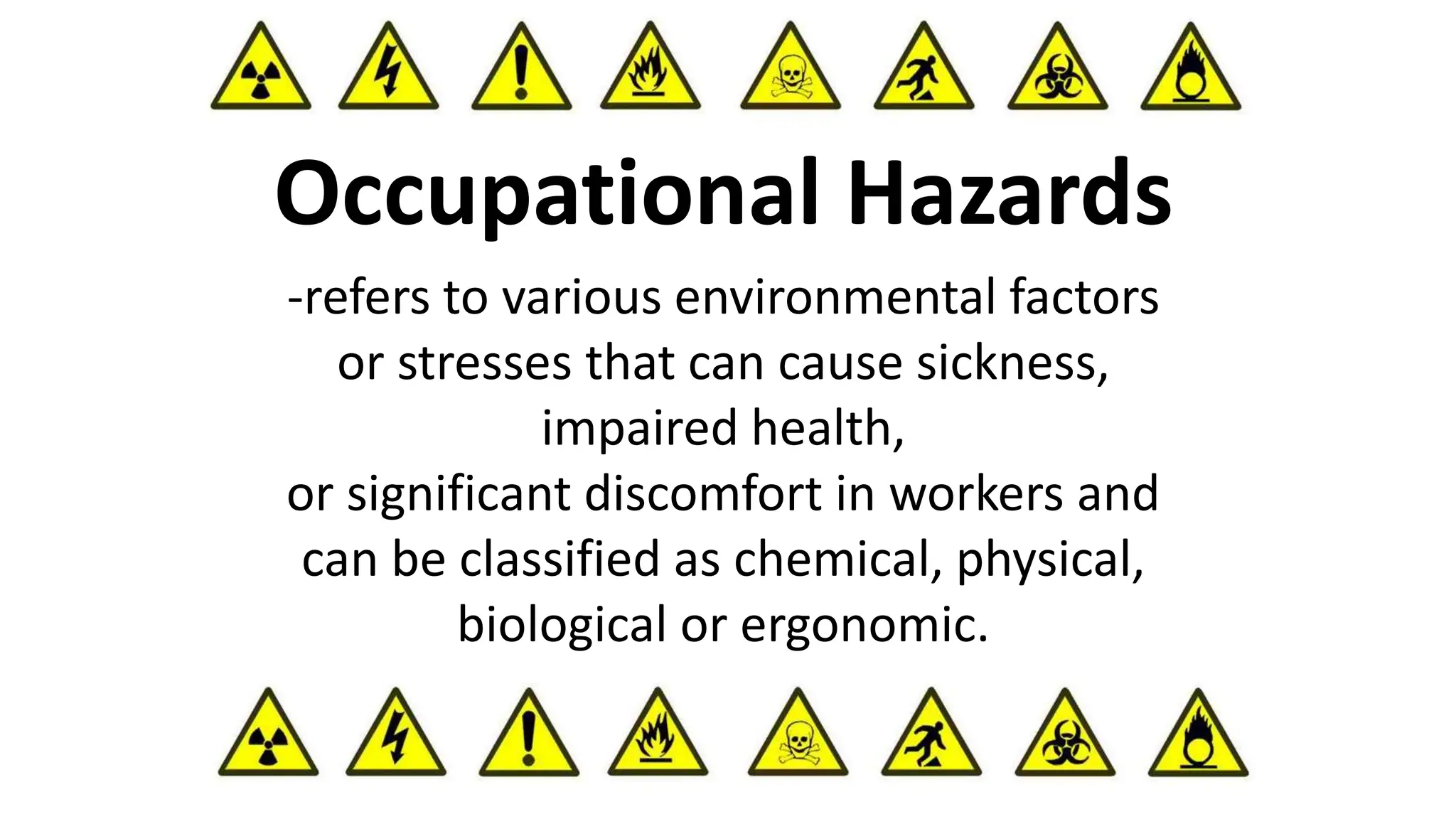 Occupational Hazards
-refers to various environmental factors
or stresses that can cause sickness,
impaired health,
or significant discomfort in workers and
can be classified as chemical, physical,
biological or ergonomic.
 