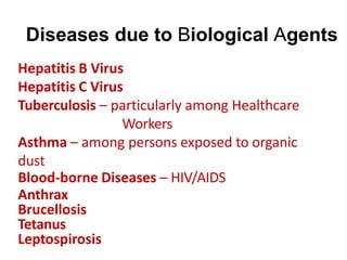 Diseases due to Biological Agents
Hepatitis B Virus
Hepatitis C Virus
Tuberculosis – particularly among Healthcare
Workers...