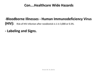 Con….Healthcare Wide Hazards
-Bloodborne Illnesses - Human Immunodeficiency Virus
(HIV): Risk of HIV infection after needlestick is 1 in 3,000 or 0.3%.
- Labeling and Signs.
Amani.M. AL Bohisi
 