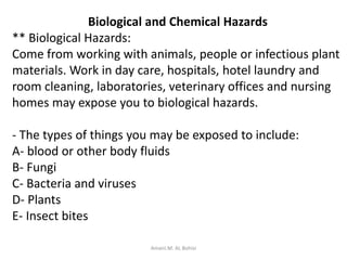 Biological and Chemical Hazards
** Biological Hazards:
Come from working with animals, people or infectious plant
materials. Work in day care, hospitals, hotel laundry and
room cleaning, laboratories, veterinary offices and nursing
homes may expose you to biological hazards.
- The types of things you may be exposed to include:
A- blood or other body fluids
B- Fungi
C- Bacteria and viruses
D- Plants
E- Insect bites
Amani.M. AL Bohisi
 