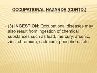 OCCUPATIONAL HAZARDS (CONTD.)
 (3) INGESTION: Occupational diseases may
also result from ingestion of chemical
substances such as lead, mercury, arsenic,
zinc, chromium, cadmium, phosphorus etc.
 