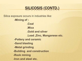 SILICOSIS (CONTD.)
Silica exposure occurs in industries like:
-Mining of :
.Coal
.Mica
.Gold and silver
.Lead ,Zinc, Manganese etc.
-Pottery and ceramic
-Sand blasting
-Metal grinding
-Building and construction
-Rock mining
-Iron and steel etc.
 