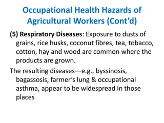 Occupational Health Hazards of
Agricultural Workers (Cont’d)
(5) Respiratory Diseases: Exposure to dusts of
grains, rice husks, coconut fibres, tea, tobacco,
cotton, hay and wood are common where the
products are grown.
The resulting diseases—e.g., byssinosis,
bagassosis, farmer’s lung & occupational
asthma, appear to be widespread in those
places
 