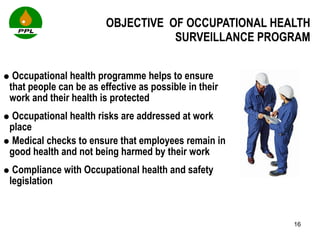OBJECTIVE  OF OCCUPATIONAL HEALTH SURVEILLANCE PROGRAM Occupational health programme helps to ensure that people can be as effective as possible in their work and their health is protected Occupational health risks are addressed at work place Medical checks to ensure that employees remain in good health and not being harmed by their work Compliance with Occupational health and safety legislation 