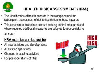 HEALTH RISK ASSESSMENT (HRA) The identification of health hazards in the workplace and the subsequent assessment of risk to health due to these hazards.  This assessment takes into account existing control measures and where required additional measures are adopted to reduce risks to ALARP .  HRA must be carried out for All new activities and developments All existing operations Changes in existing activities For post-operating activities Danger 