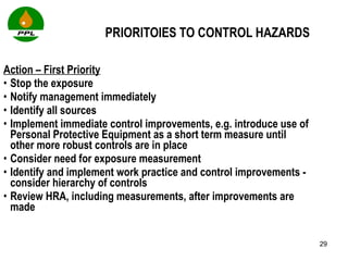 PRIORITOIES TO CONTROL HAZARDS Action – First Priority Stop the exposure  Notify management immediately Identify all sources Implement immediate control improvements, e.g. introduce use of Personal Protective Equipment as a short term measure until other more robust controls are in place Consider need for exposure measurement Identify and implement work practice and control improvements - consider hierarchy of controls Review HRA, including measurements, after improvements are made 