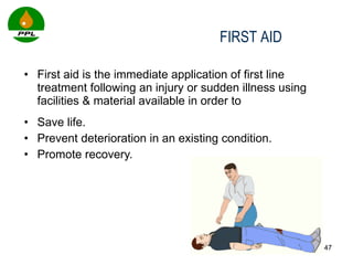 First aid is the immediate application of first line treatment following an injury or sudden illness using facilities & material available in order to Save life. Prevent deterioration in an existing condition. Promote recovery. FIRST AID 
