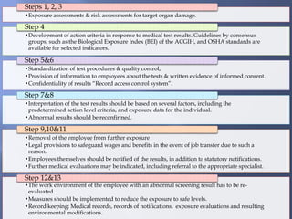 •Exposure assessments & risk assessments for target organ damage.
Steps 1, 2, 3
•Development of action criteria in response to medical test results. Guidelines by consensus
groups, such as the Biological Exposure Index (BEI) of the ACGIH, and OSHA standards are
available for selected indicators.
Step 4
•Standardization of test procedures & quality control,
•Provision of information to employees about the tests & written evidence of informed consent.
•Confidentiality of results “Record access control system”.
Step 5&6
•Interpretation of the test results should be based on several factors, including the
predetermined action level criteria, and exposure data for the individual.
•Abnormal results should be reconfirmed.
Step 7&8
•Removal of the employee from further exposure
•Legal provisions to safeguard wages and benefits in the event of job transfer due to such a
reason.
•Employees themselves should be notified of the results, in addition to statutory notifications.
•Further medical evaluations may be indicated, including referral to the appropriate specialist.
Step 9,10&11
•The work environment of the employee with an abnormal screening result has to be re-
evaluated.
•Measures should be implemented to reduce the exposure to safe levels.
•Record keeping: Medical records, records of notifications, exposure evaluations and resulting
environmental modifications.
Step 12&13
 