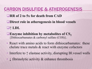 RR of 2 to 5x for death from CAD
Direct role in atherogenesis in blood vessels
↑ LDL
Enzyme inhibition by metabolites of CS2
{Dithiocarbamates & carbonyl sulfate (COS)}.
• React with amino acids to form dithiocarbamates: these
chelate trace metals & react with enzyme cofactors
• Interfere to ↑ elastase activity, disrupting Bl.vessel walls
• ↓ fibrinolytic activity & enhance thrombosis
CARBON DISULFIDE & ATHEROGENESIS
 