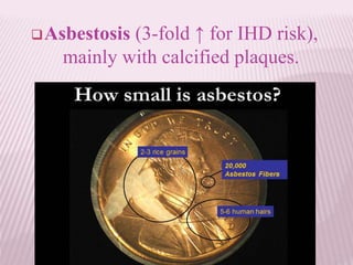Asbestosis (3-fold ↑ for IHD risk),
mainly with calcified plaques.
 