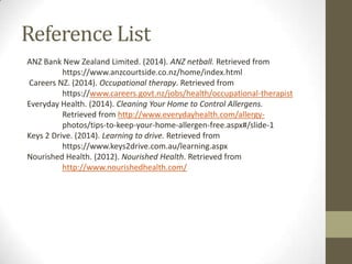 Reference List
ANZ Bank New Zealand Limited. (2014). ANZ netball. Retrieved from
https://www.anzcourtside.co.nz/home/index.html
Careers NZ. (2014). Occupational therapy. Retrieved from
https://www.careers.govt.nz/jobs/health/occupational-therapist
Everyday Health. (2014). Cleaning Your Home to Control Allergens.
Retrieved from http://www.everydayhealth.com/allergy-
photos/tips-to-keep-your-home-allergen-free.aspx#/slide-1
Keys 2 Drive. (2014). Learning to drive. Retrieved from
https://www.keys2drive.com.au/learning.aspx
Nourished Health. (2012). Nourished Health. Retrieved from
http://www.nourishedhealth.com/
 