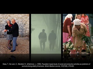 Glass, T., De Leon, C., Marottoli, R., & Berkman, L. (1999). Population based study of social and productive activities as predictors of
                             survival among elderly Americans. British Medical Journal, 319(7208), 478-483.
 