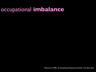 occupational imbalance




               Wilcock, A. (1998). An Occupational Perspective of Health. Thorofare: Slack
 