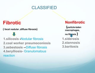 CLASSIFIED
Fibrotic
( focal nodular ,diffuse fibrosis)
Nonfibrotic
(particle-laden
macrophages,
no fibrosis )
1.silicosis -Nodular fibrosis
2.coal worker pneumoconiosis
3.asbestosis --Diffuse fibrosis
4.berylliosis- Granulomatous
reaction
1.siderosis
2.stannosis
3.baritosis
 