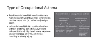 Type of Occupational Asthma
• Sensitizer – induced OA: sensitization to a
high molecular weight agent or sensitization
to a low molecular (act as hapten) weight
agent
• Irritant-induced OA: Occupational asthma
without a latency period (RADS/Irritant-
Induced Asthma), high level, acute exposure
to an irritant (eg chlorine, ammonia)
resulting in airway injury
 