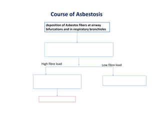 Course of Asbestosis
deposition of Asbestos fibers at airway
bifurcations and in respiratory bronchioles
Macrophages accumlate in and around the
bronchioles and alveolar ducts causing
alveolar macrophage alveolitis
High fibre load Low fibre load
Incomplete phagocytosis and
secretion of pro‐inflammatory
cytokines
Residual fibrosis ensues
Most fibres are cleared
leaving lung unscarred
 