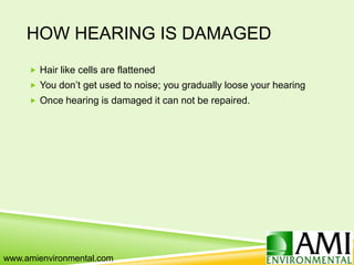 HOW HEARING IS DAMAGED
 Hair like cells are flattened
 You don’t get used to noise; you gradually loose your hearing
 Once hearing is damaged it can not be repaired.
www.amienvironmental.com
 