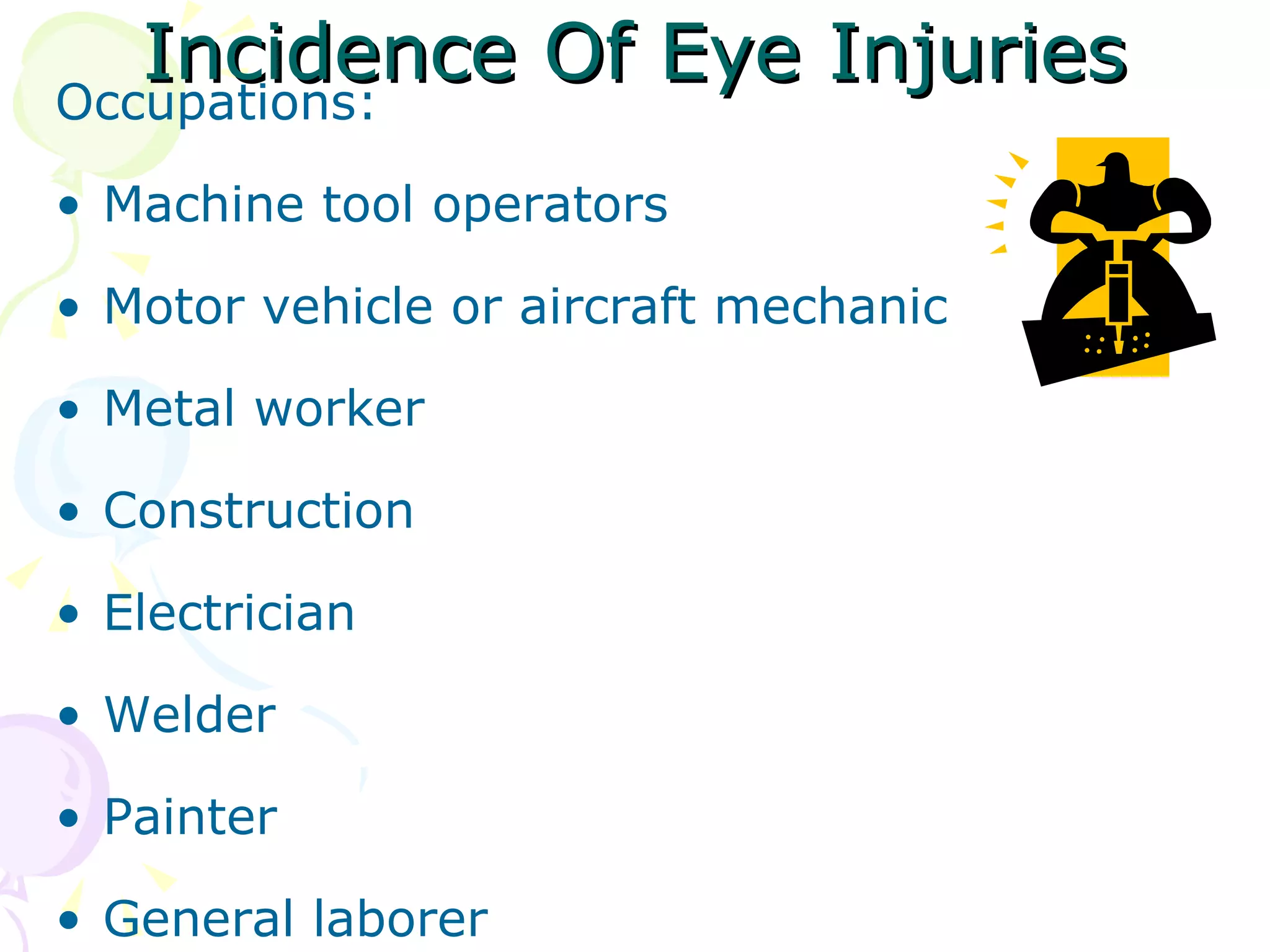 Incidence Of Eye Injuries Occupations: Machine tool operators Motor vehicle or aircraft mechanic Metal worker Construction Electrician Welder Painter General laborer 