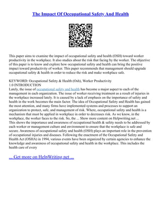 Occupational Safety And Health Act | PDF