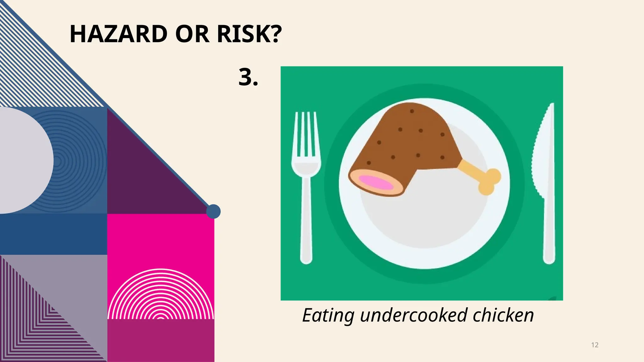 12
HAZARD OR RISK?
3.
Eating undercooked chicken
 