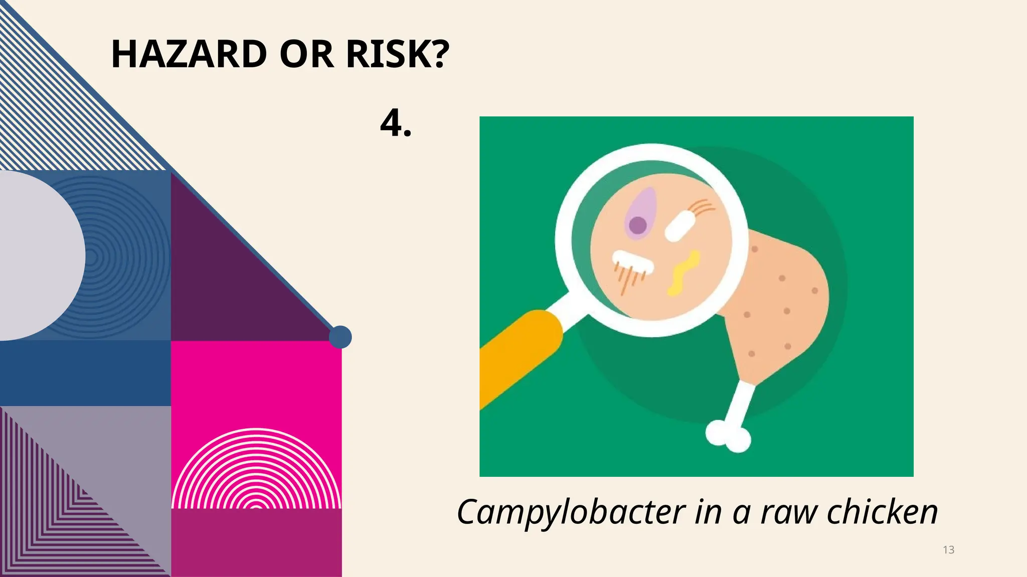 13
HAZARD OR RISK?
4.
Campylobacter in a raw chicken
 