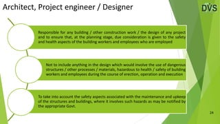 24
Architect, Project engineer / Designer
Responsible for any building / other construction work / the design of any proje...