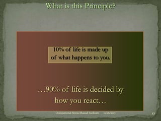 What is this Principle?

10% of life is made up
of what happens to you.

…90% of life is decided by
how you react…
Occupational Stress-Shazad Sookram

12/26/2013

12

 