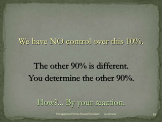 We have NO control over this 10%.
The other 90% is different.
You determine the other 90%.

How?... By your reaction.
Occupational Stress-Shazad Sookram

12/26/2013

15

 