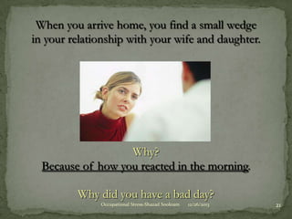 When you arrive home, you find a small wedge
in your relationship with your wife and daughter.

Why?
Because of how you reacted in the morning.
Why did you have a bad day?
Occupational Stress-Shazad Sookram

12/26/2013

21

 
