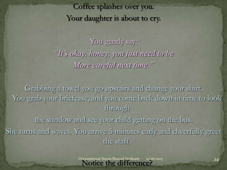 Coffee splashes over you.
Your daughter is about to cry.
You gently say:
“It’s okay, honey, you just need to be
More careful next time.”
Grabbing a towel you go upstairs and change your shirt.
You grab your briefcase, and you come back down in time to look
through
the window and see your child getting on the bus.
She turns and waves. You arrive 5 minutes early and cheerfully greet
the staff.
Occupational Stress-Shazad Sookram

12/26/2013

Notice the difference?

24

 