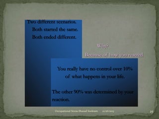 Two different scenarios.
Both started the same.
Both ended different.
Why?
Because of how you reacted.

You really have no control over 10%
of what happens in your life.
The other 90% was determined by your
reaction.
Occupational Stress-Shazad Sookram

12/26/2013

25

 