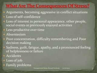  Arguments, becoming aggressive in conflict situations
 Loss of self-confidence
 Loss of interest in personal appearance, other people,









social events or previously enjoyed activities
Less productive over time
Absenteeism
Poor concentration, difficulty remembering and Poor
decision making
Sadness, guilt, fatigue, apathy, and a pronounced feeling
of helplessness or failure
Accidents
Loss of job
Family problems
Occupational Stress-Shazad Sookram

12/26/2013

7

 