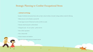 Strategic Planning to Combat Occupational Stress
1. Individual Level Strategy
Examples of individual and situational factors that can help to reduce the effects of stressful working conditions include the following:
• Balance between work and family or personal life
• Create support network of friends and coworkers and talk out openly
• Maintain relaxed and positive outlook/attitude
• Change the motto - No one is perfect – perform the best
• Have realistic expectations
• Have a balanced diet
• Practice relaxation and meditation
• Have thorough medical check up at frequent intervals
 