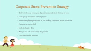 Corporate Stress Prevention Strategy
• Talk to individual employees, if possible or else to their first supervisors
• Hold group discussions with employees
• Measure employee perceptions of job, working conditions, stress, satisfaction
• Design a survey method
• Collect objective data
• Analyze the data and identify the problem
• Find out remedial measures
 
