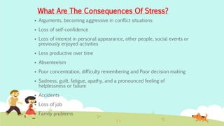  Arguments, becoming aggressive in conflict situations
 Loss of self-confidence
 Loss of interest in personal appearance, other people, social events or
previously enjoyed activities
 Less productive over time
 Absenteeism
 Poor concentration, difficulty remembering and Poor decision making
 Sadness, guilt, fatigue, apathy, and a pronounced feeling of
helplessness or failure
 Accidents
 Loss of job
 Family problems
What Are The Consequences Of Stress?
 