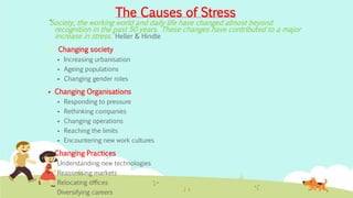 ‘Society, the working world and daily life have changed almost beyond
recognition in the past 50 years. These changes have contributed to a major
increase in stress.’ Heller & Hindle
 Changing society
 Increasing urbanisation
 Ageing populations
 Changing gender roles
 Changing Organisations
 Responding to pressure
 Rethinking companies
 Changing operations
 Reaching the limits
 Encountering new work cultures
 Changing Practices
Understanding new technologies
Reassessing markets
Relocating offices
Diversifying careers
The Causes of Stress
 