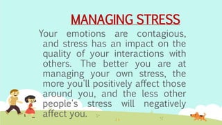Your emotions are contagious,
and stress has an impact on the
quality of your interactions with
others. The better you are at
managing your own stress, the
more you'll positively affect those
around you, and the less other
people's stress will negatively
affect you.
MANAGING STRESS
 