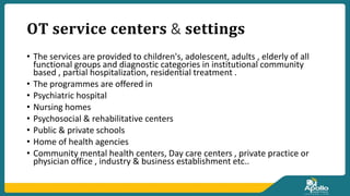 𝐎𝐓 𝐬𝐞𝐫𝐯𝐢𝐜𝐞 𝐜𝐞𝐧𝐭𝐞𝐫𝐬 & 𝐬𝐞𝐭𝐭𝐢𝐧𝐠𝐬
• The services are provided to children's, adolescent, adults , elderly of all
functional groups and diagnostic categories in institutional community
based , partial hospitalization, residential treatment .
• The programmes are offered in
• Psychiatric hospital
• Nursing homes
• Psychosocial & rehabilitative centers
• Public & private schools
• Home of health agencies
• Community mental health centers, Day care centers , private practice or
physician office , industry & business establishment etc..
 