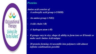 Proteins
Amino acid consists of
- A carboxylic acid group (-COOH)
- An amino group (-NH2)
- A side chain (-R)
- A hydrogen atom (-H)
- R groups vary in size, shape & ability to form ions or H bonds so
make each Amino Acid unique
- 20 protein forming AA assemble into polymers with almost
infinite combinations possible
 