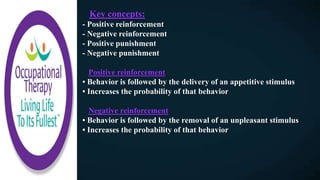 Key concepts:
- Positive reinforcement
- Negative reinforcement
- Positive punishment
- Negative punishment
Positive reinforcement
• Behavior is followed by the delivery of an appetitive stimulus
• Increases the probability of that behavior
Negative reinforcement
• Behavior is followed by the removal of an unpleasant stimulus
• Increases the probability of that behavior
 